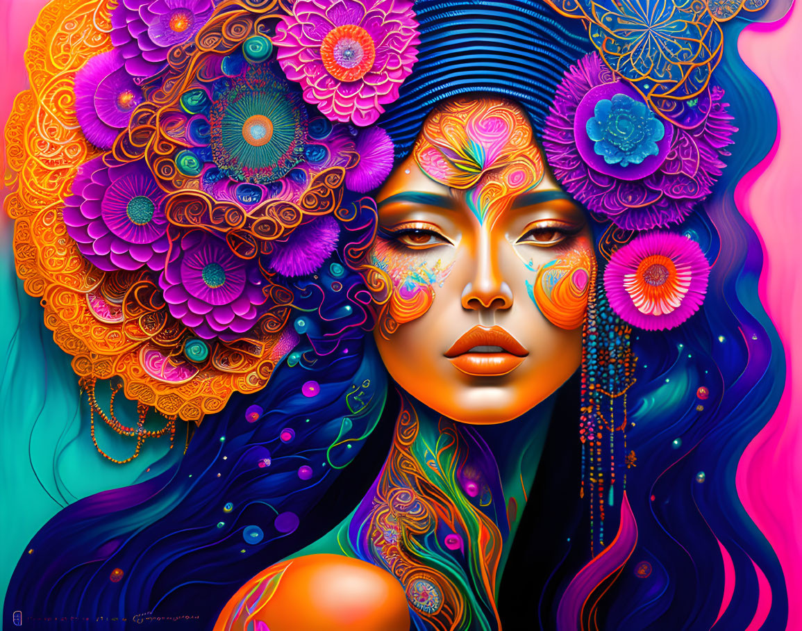 Colorful digital artwork of woman with floral patterns and swirling designs in hair