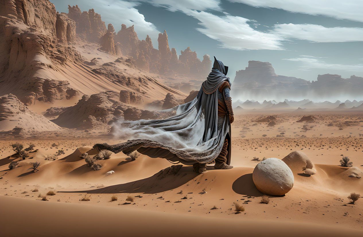 Cloaked Figure in Desert Dunes with Rocky Spires under Hazy Sky