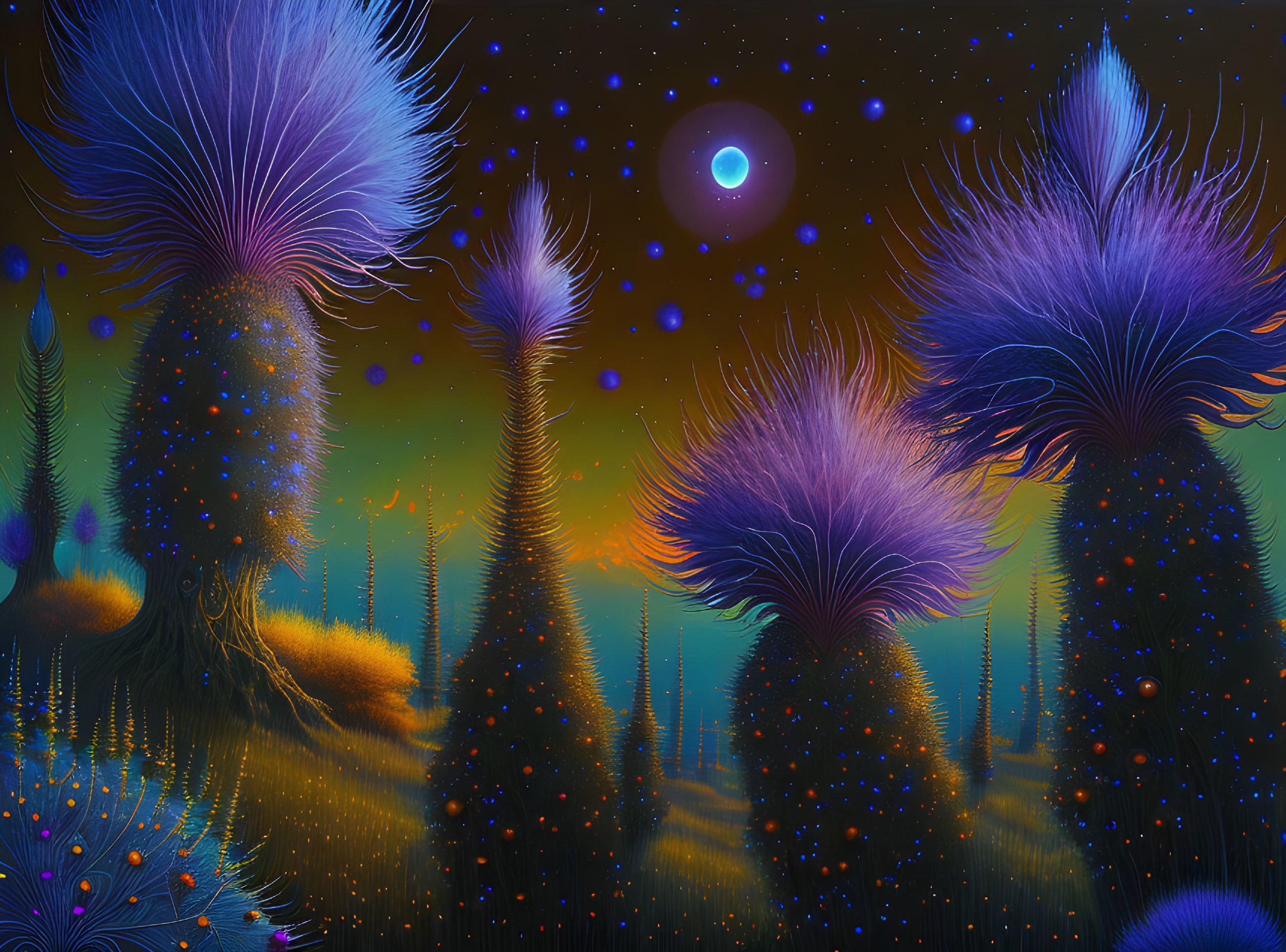 Colorful surreal night landscape with vibrant trees under starry sky