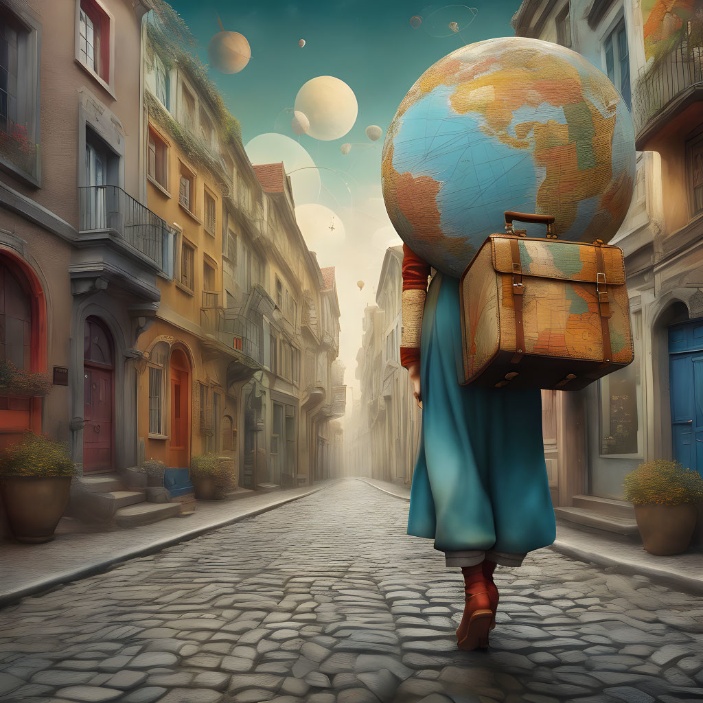 Surrealistic artwork: person with globe head in old European town