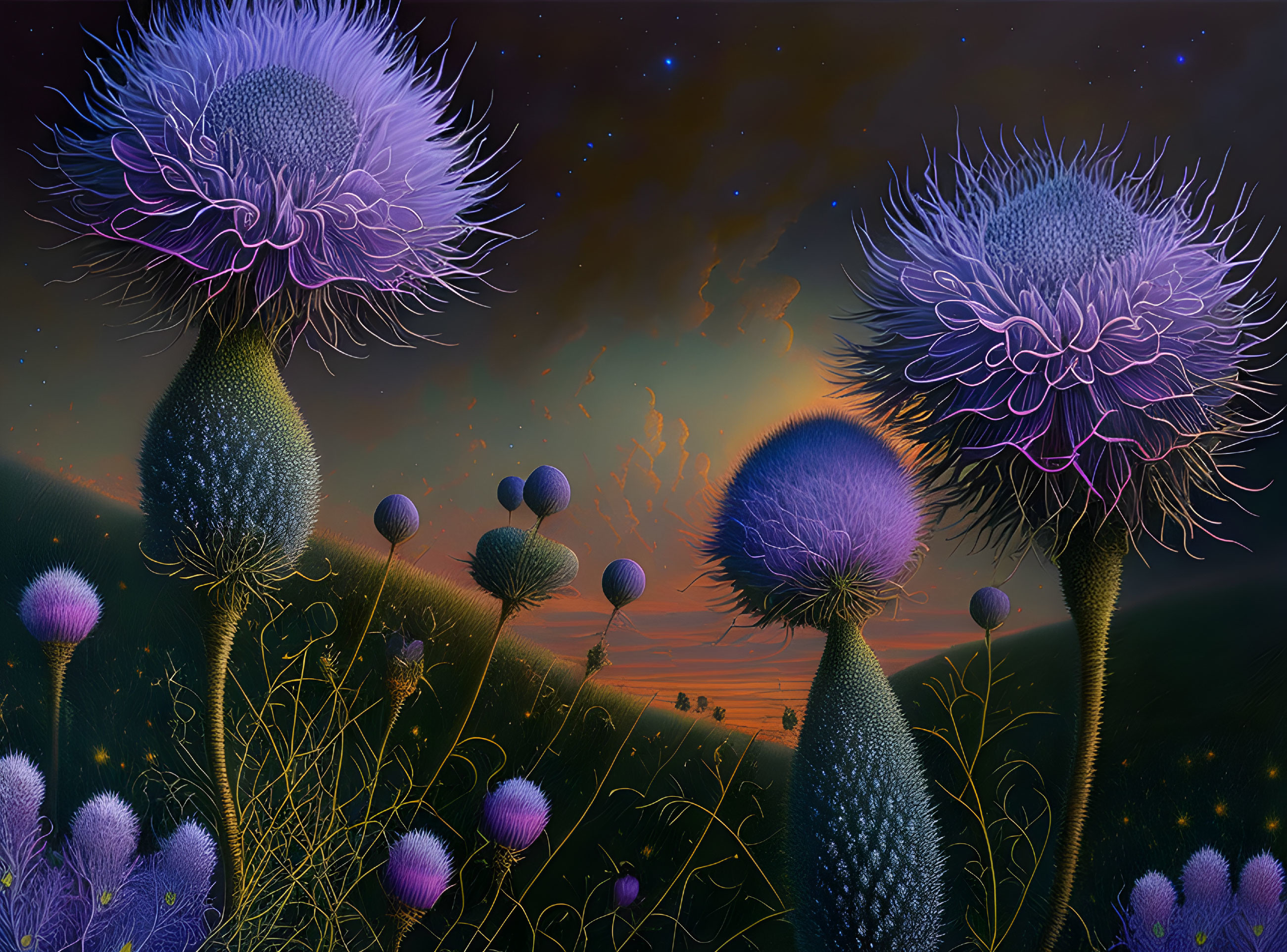 Vibrant oversized thistle-like flowers in surreal landscape