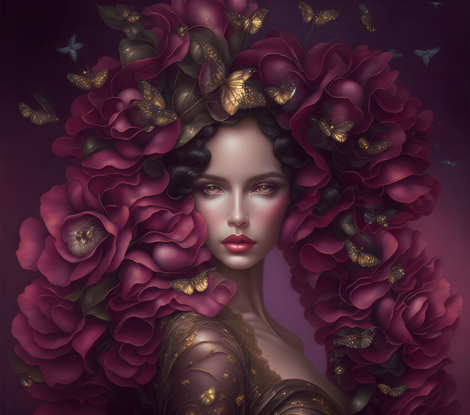 Digital artwork featuring woman with dark hair, red roses, butterflies on purple background