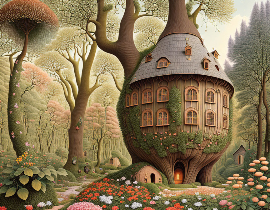 Illustration of whimsical multi-story treehouse in lush forest
