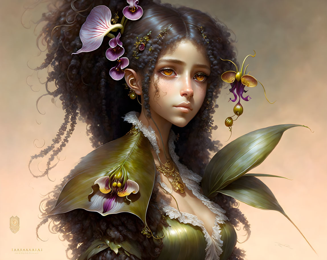 Fantasy portrait of a woman with floral elements and ornate jewelry