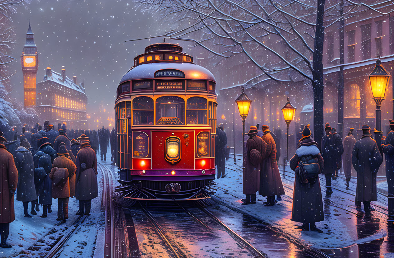 Vintage Cincinnati tram in snowy evening with crowds and glowing lamps