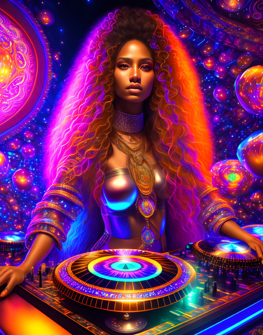 Colorful digital artwork: Woman with curly hair DJing in cosmic setting