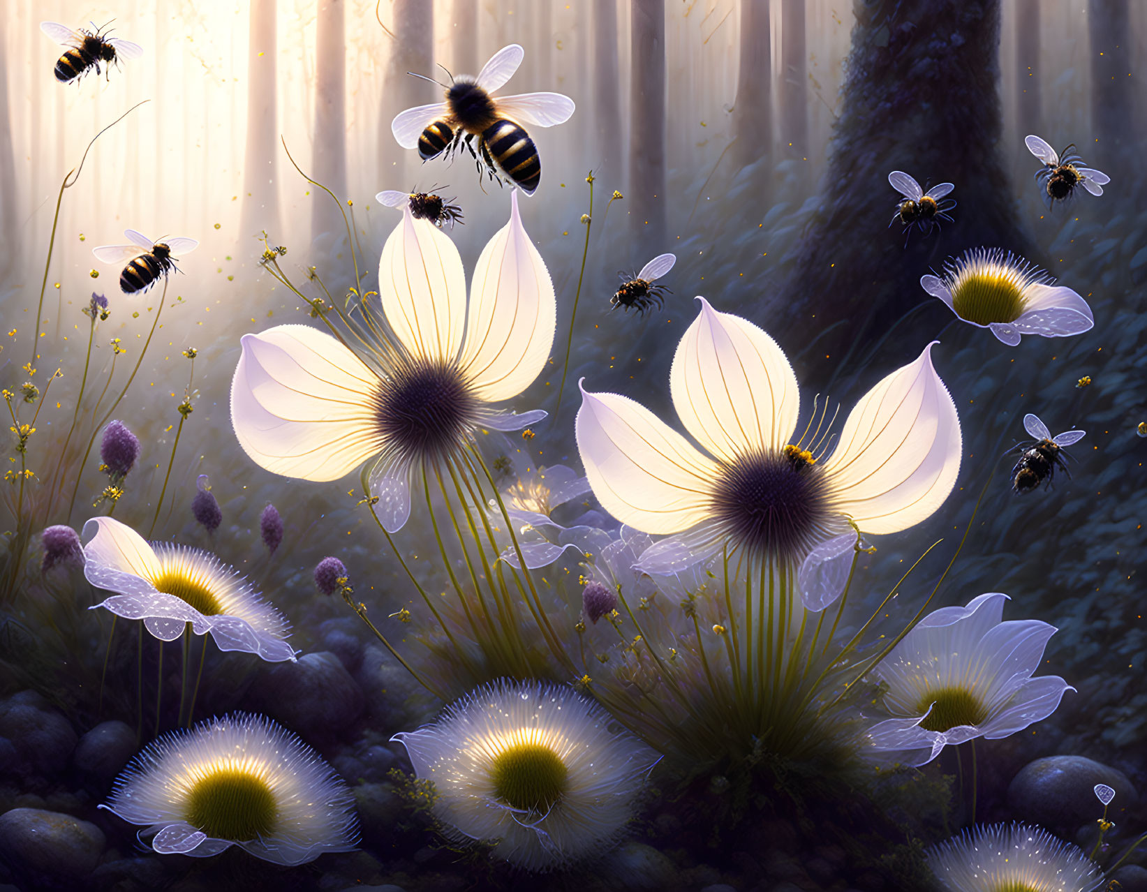 Forest sunlight illuminates white flowers and bumblebees in serene scene.