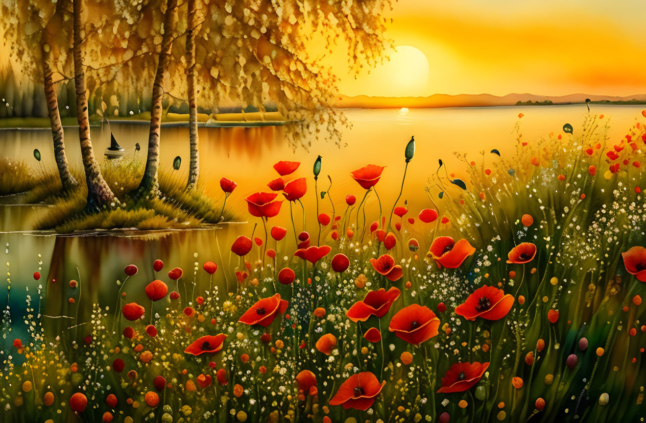 Serene sunset landscape with red poppies, birch trees, lake, and golden hues