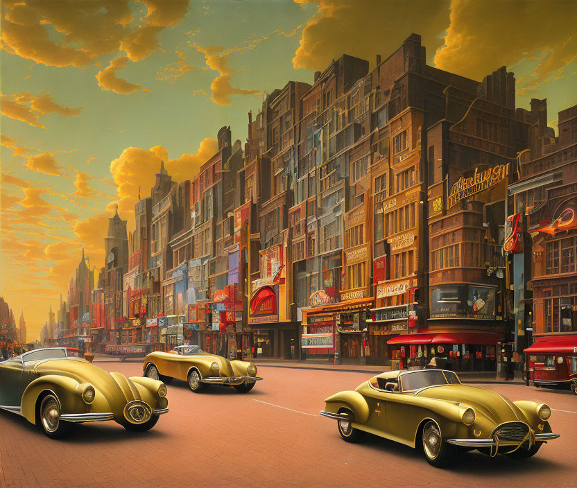 Classic Cars Parked on Retro Street Under Golden Sky