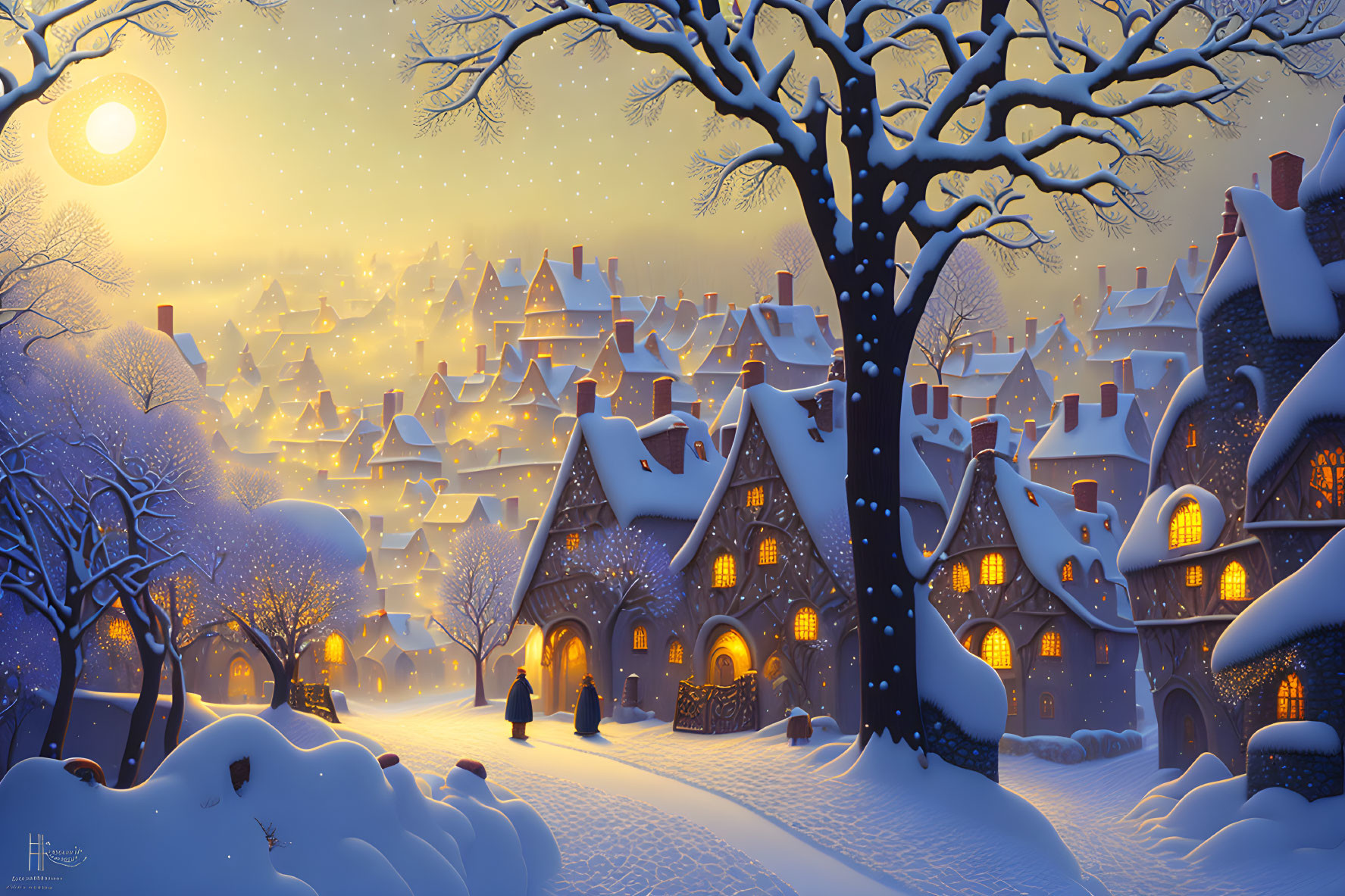 Snowy Evening Scene: Cozy Cottages, Moonlit Sky, Person Walking