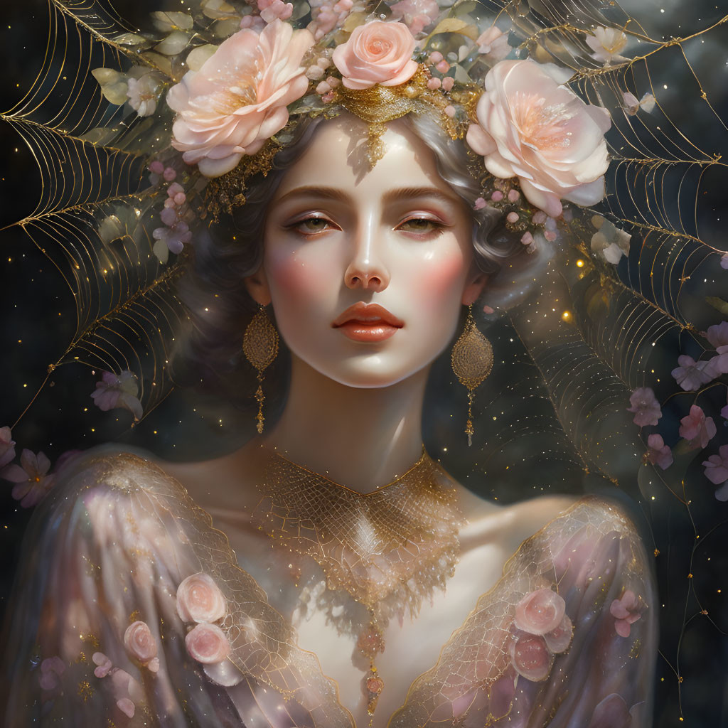 Serene woman with pink roses and gold jewelry in starry setting