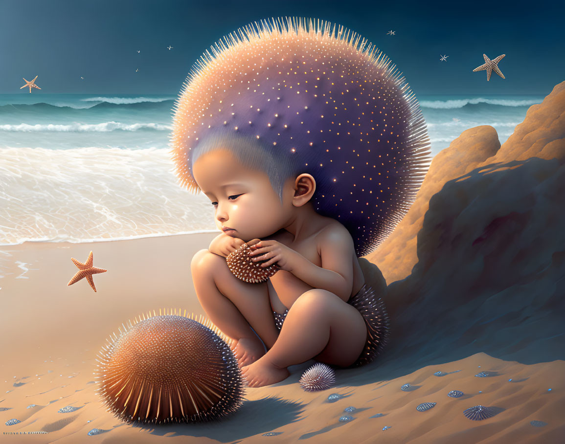 Child with Sea Urchin on Serene Beach Scene