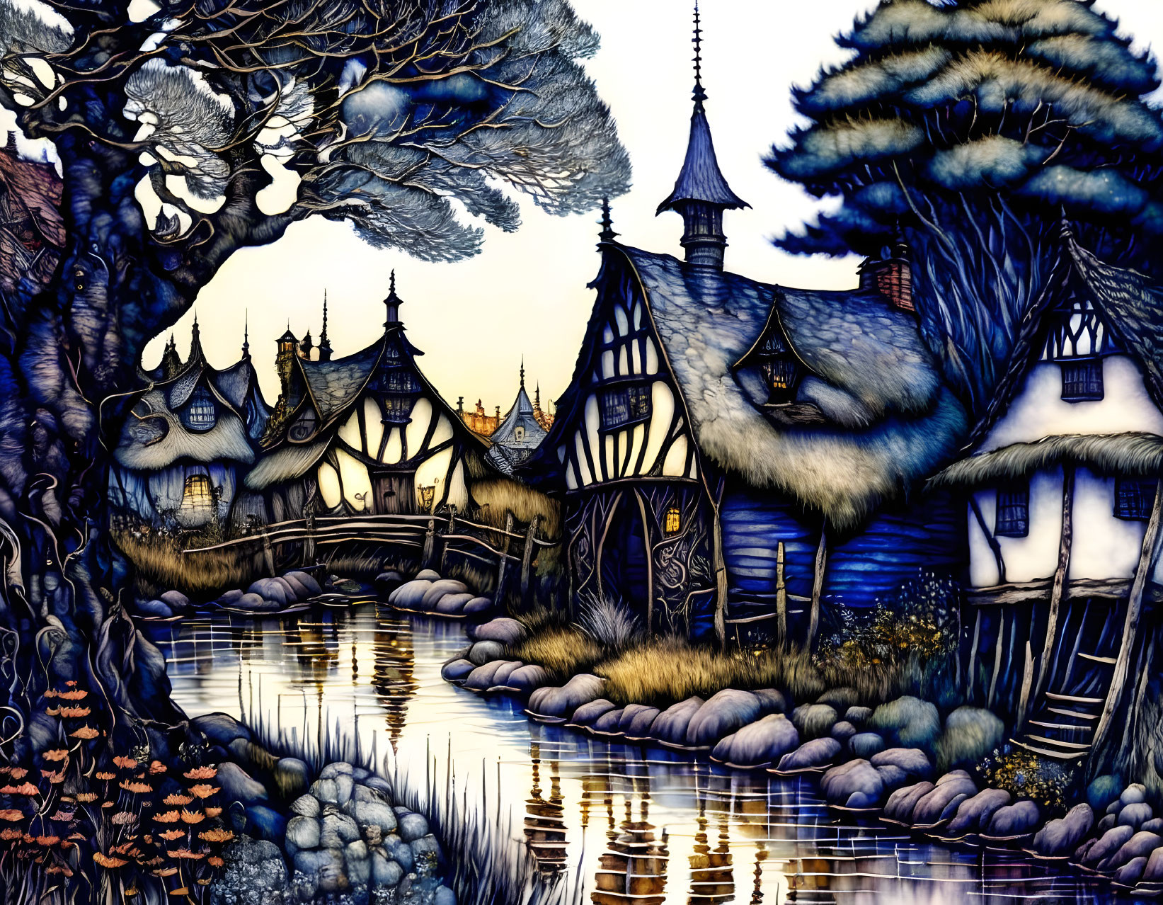 Colorful Fantasy Illustration: Thatched Cottages, Lake, Twilight Sky