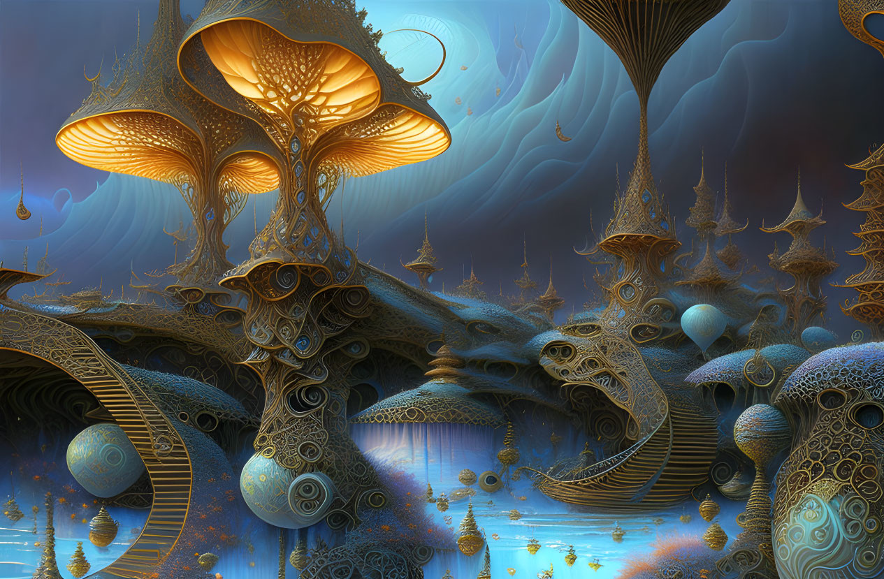 Surreal landscape with mushroom-like structures and floating orbs