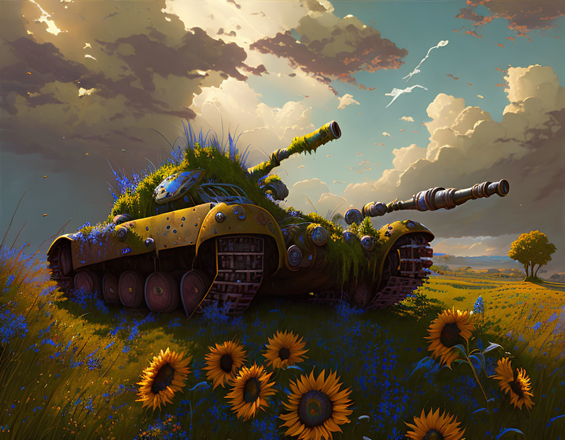 Weathered tank covered in greenery and flowers in peaceful field at sunset