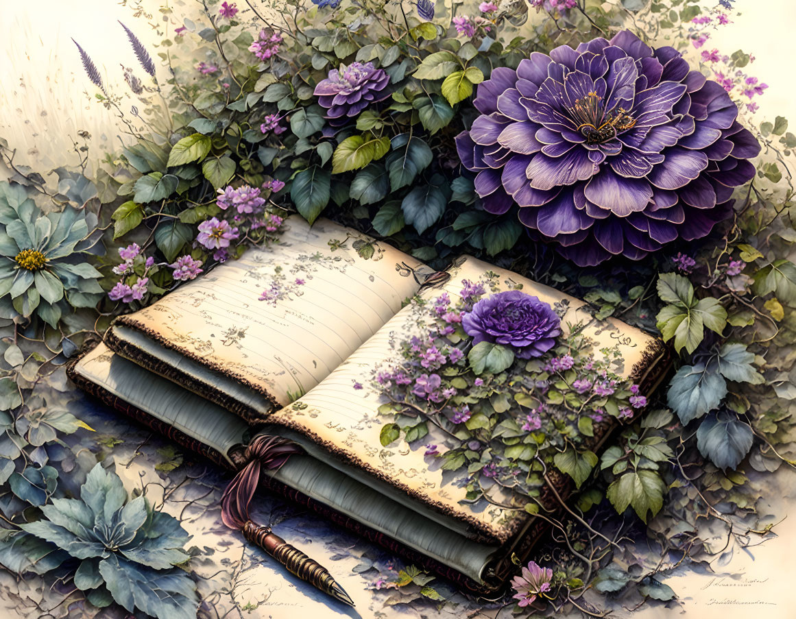 Luxurious Open Journal with Purple Flowers and Quill Pen