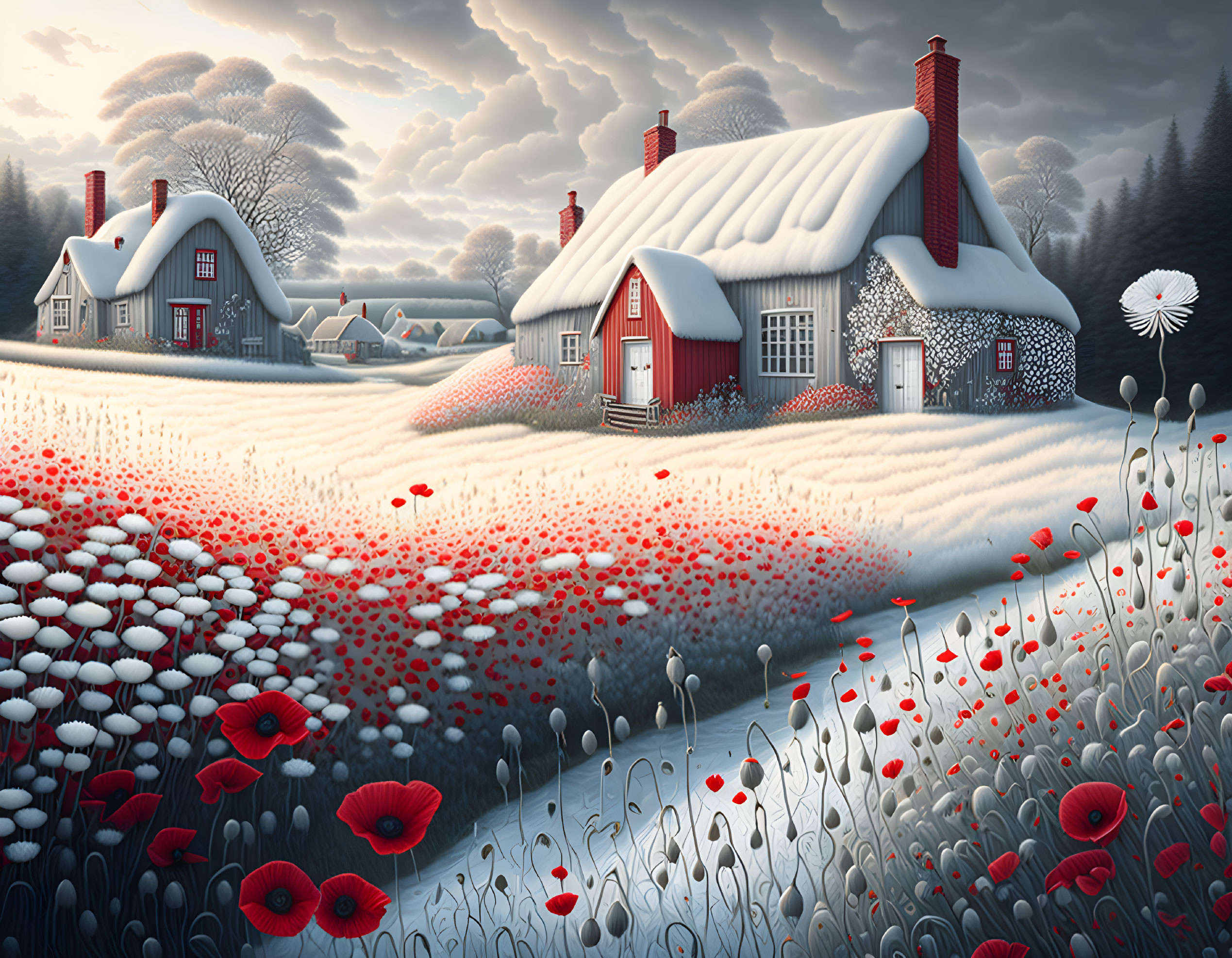 Traditional cottages in snowy landscape with red and white flowers, trees, and cloudy sky