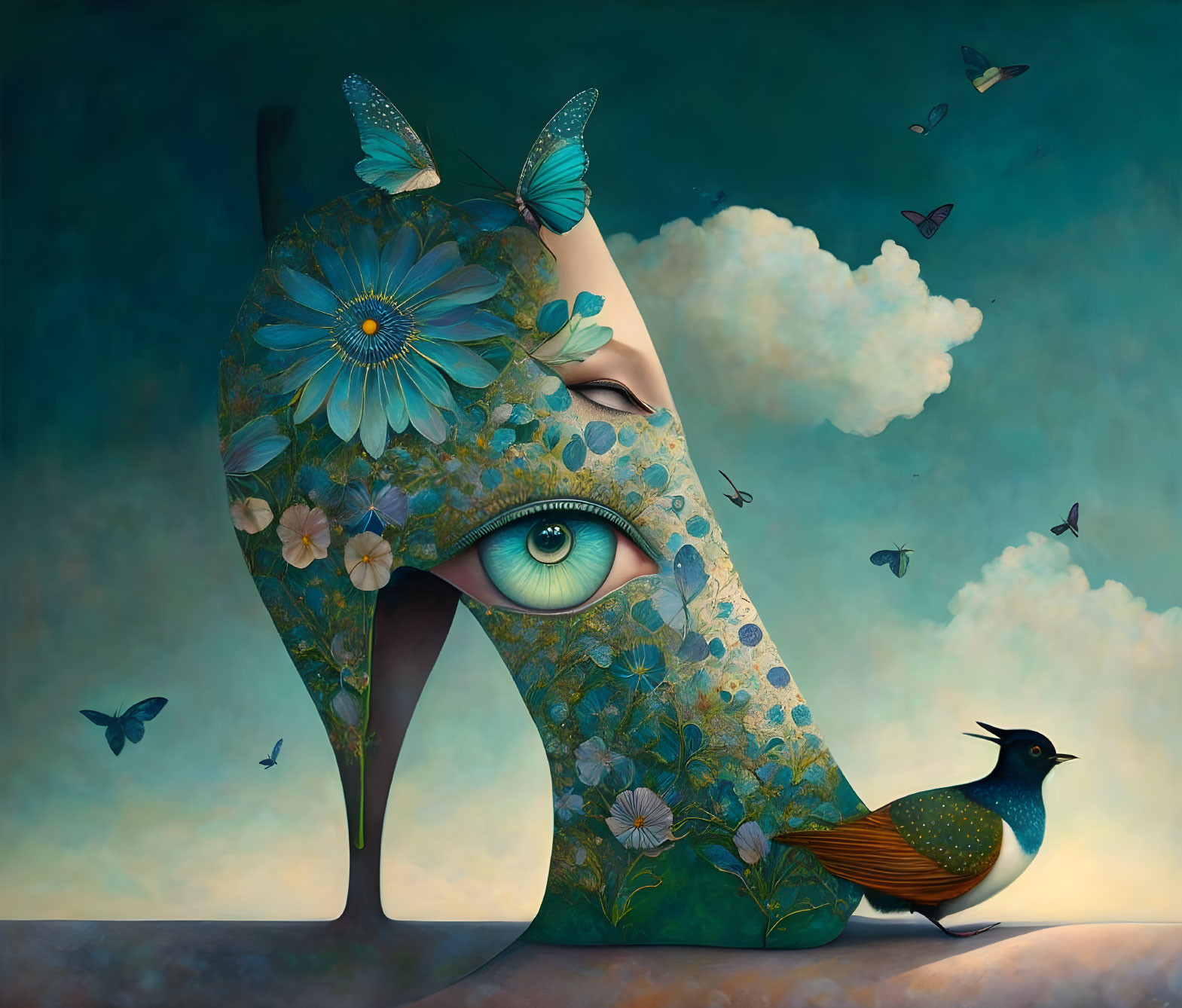 Peacock-patterned shoe with human eye, butterflies, bird, and flowers in surreal artwork.