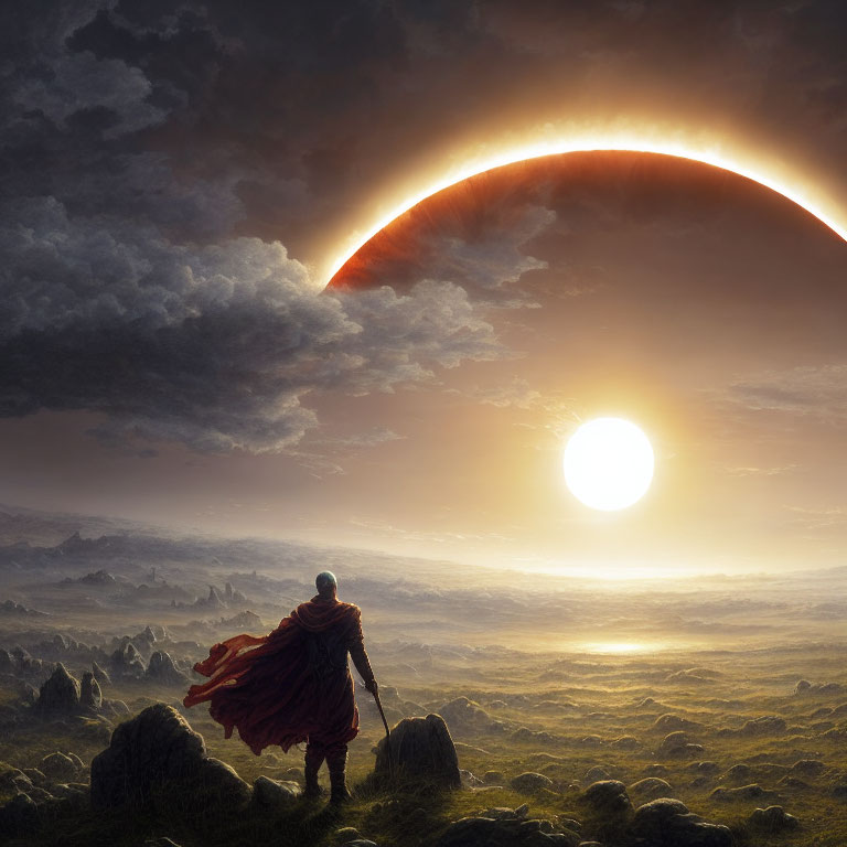 Person in Red Cape Observes Sun Setting Under Eclipse