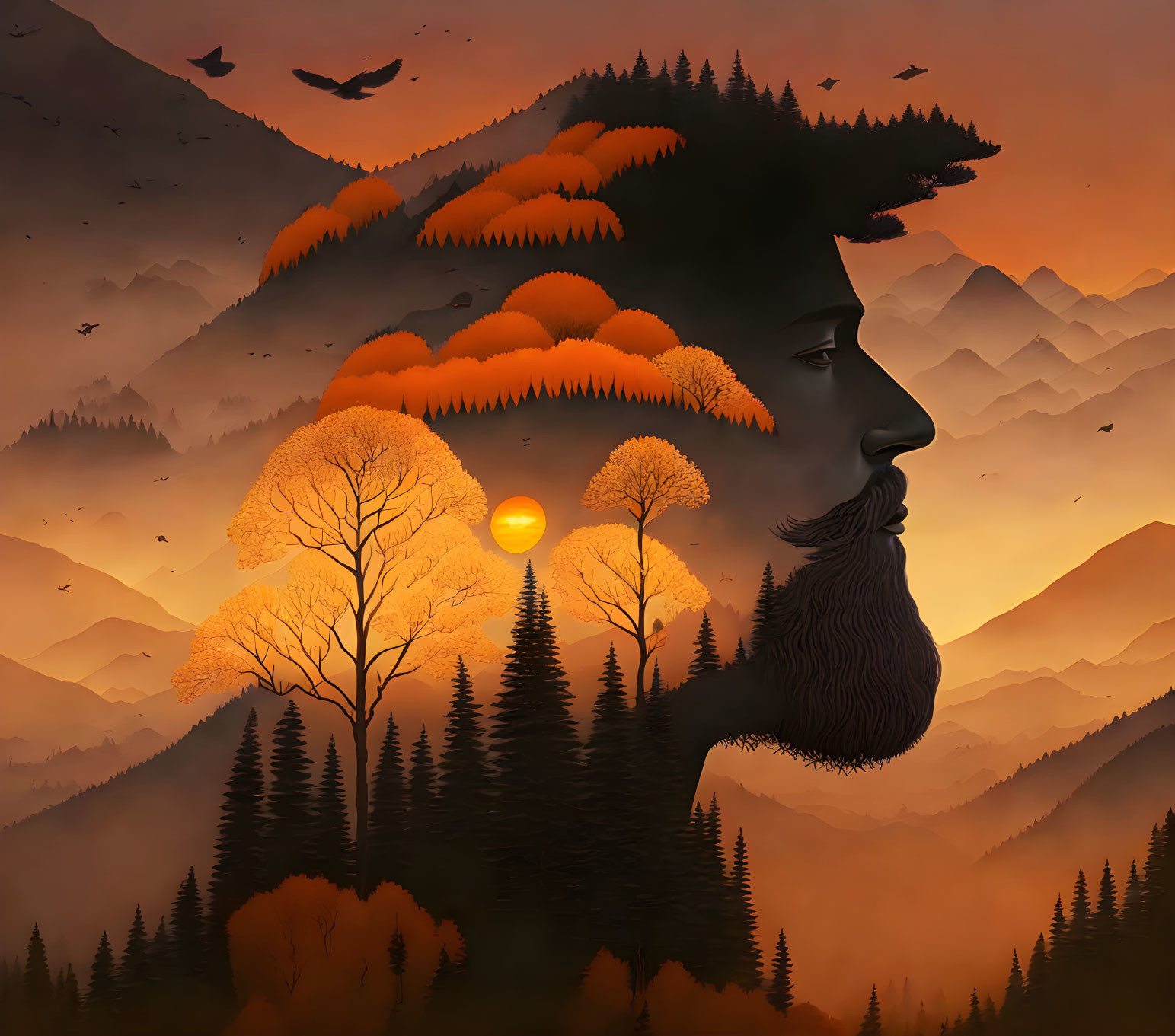 Surreal silhouette of man with mountain landscape at sunset