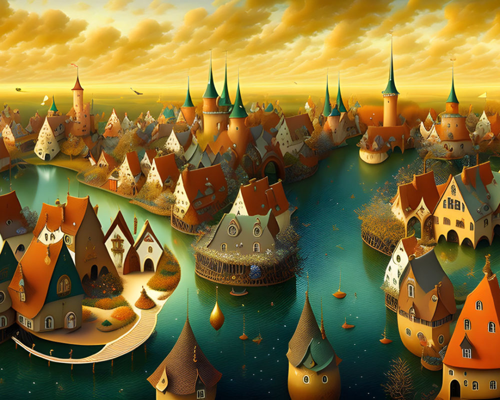 Fairy-Tale Village with Orange-Roofed Houses by Calm Blue Sea at Sunset