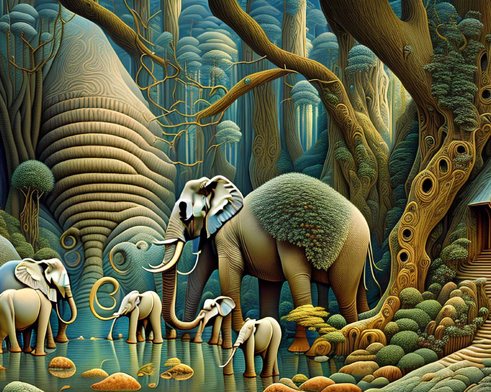Fantastical forest with surreal landscape and textured elephants