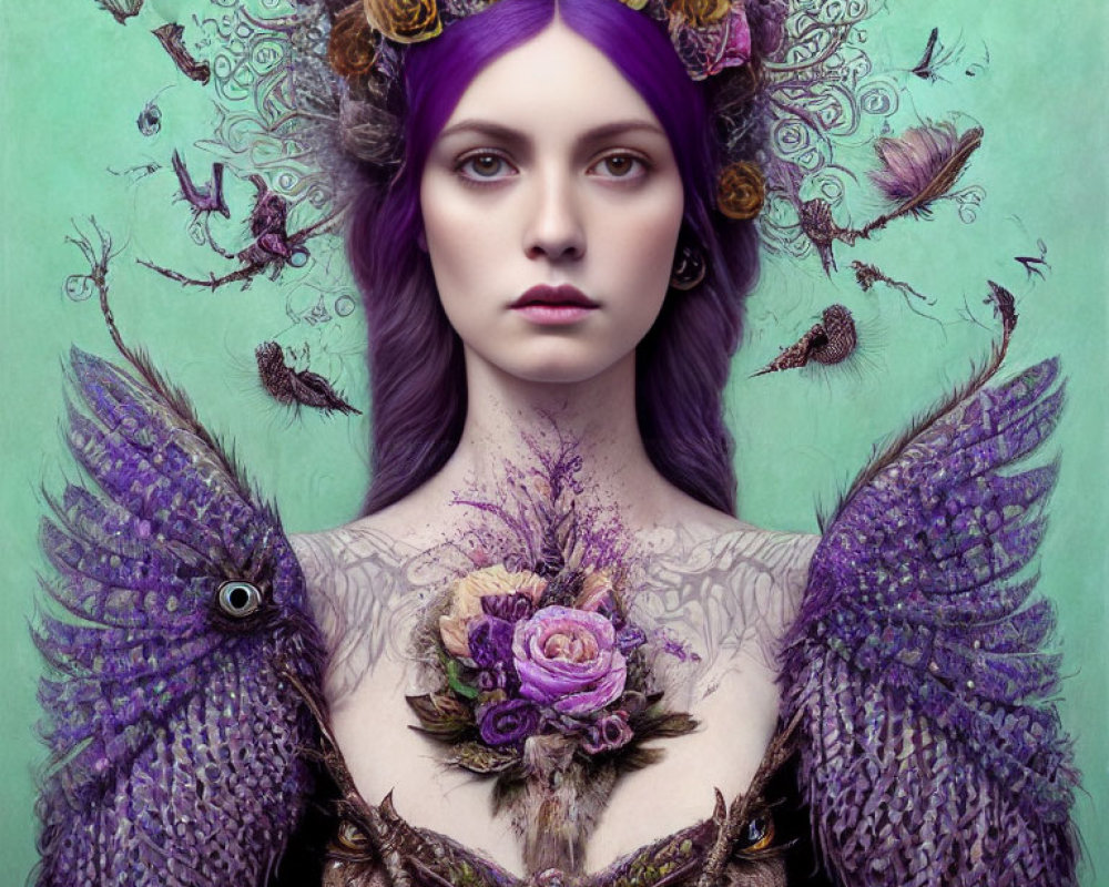 Surreal portrait of woman with purple hair, floral crown, feathered wings, and botanical details