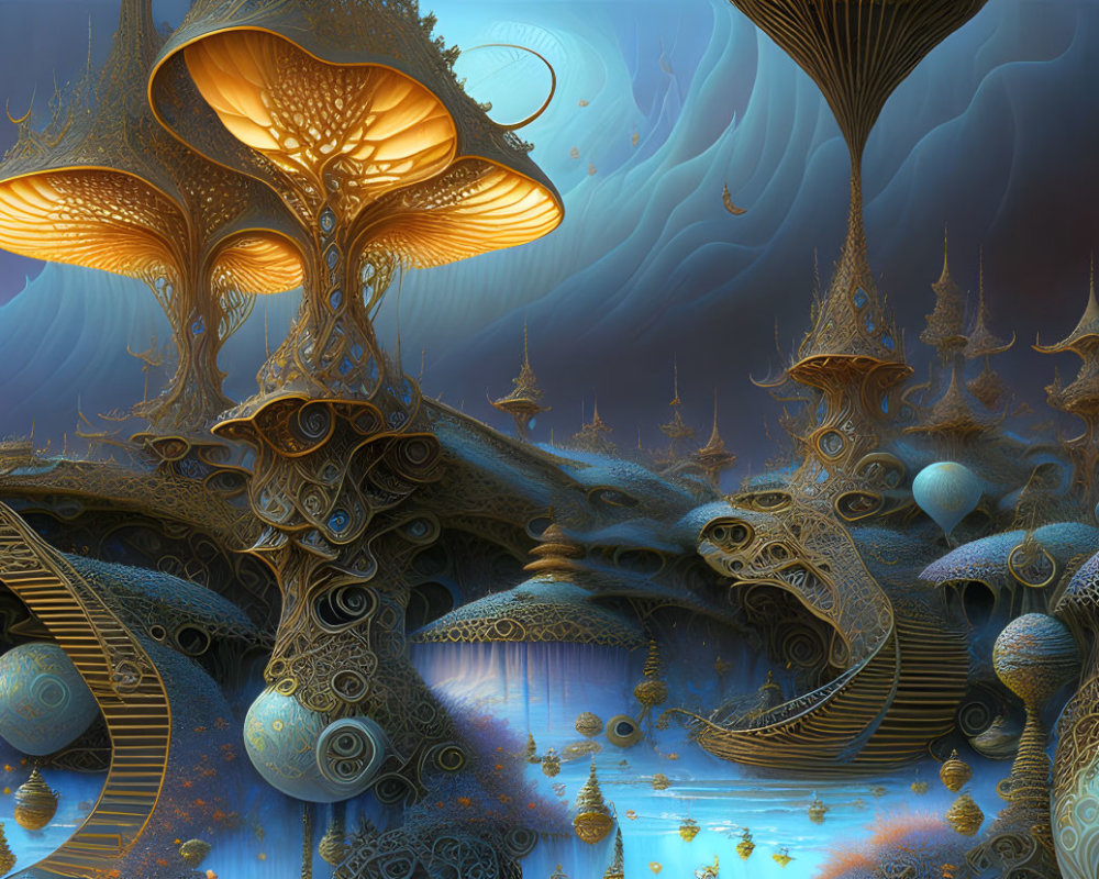 Surreal landscape with mushroom-like structures and floating orbs