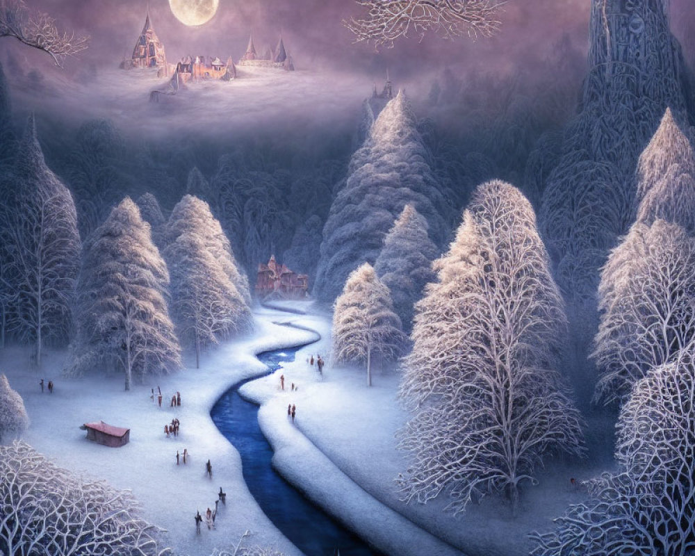 Snow-covered trees, river, boat, ice, and castles in moonlit winter scene