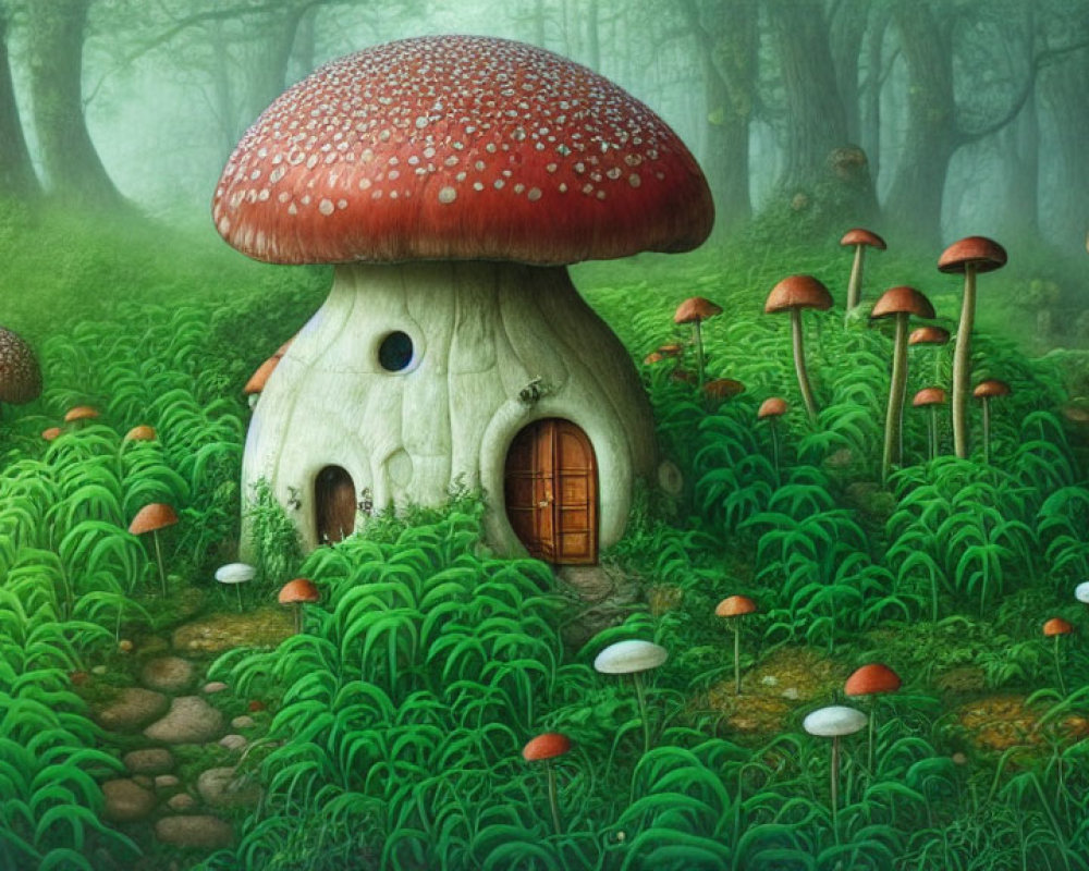 Whimsical mushroom house in lush green forest