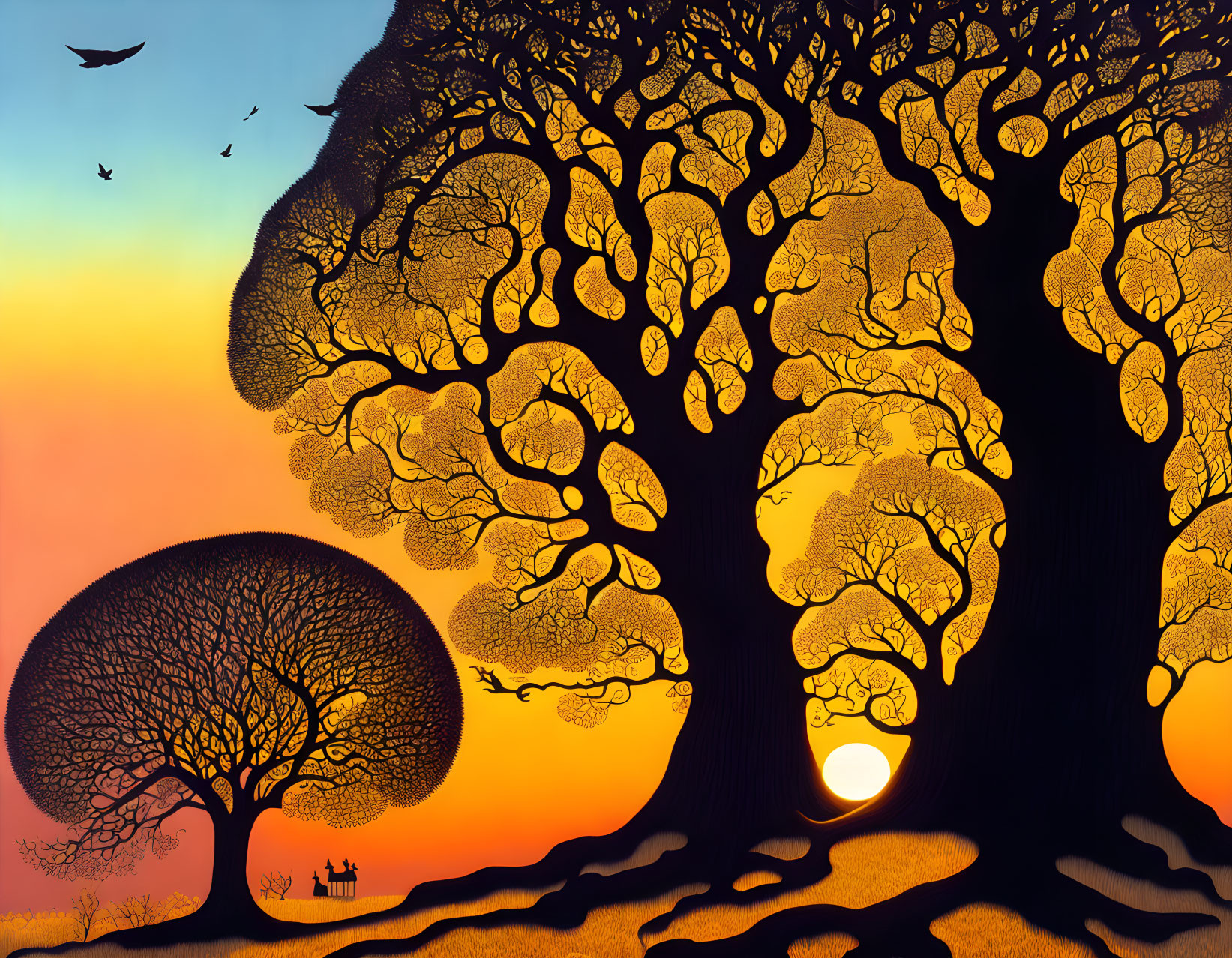 Detailed Tree Silhouette on Orange Sunset Sky with Birds and Sun