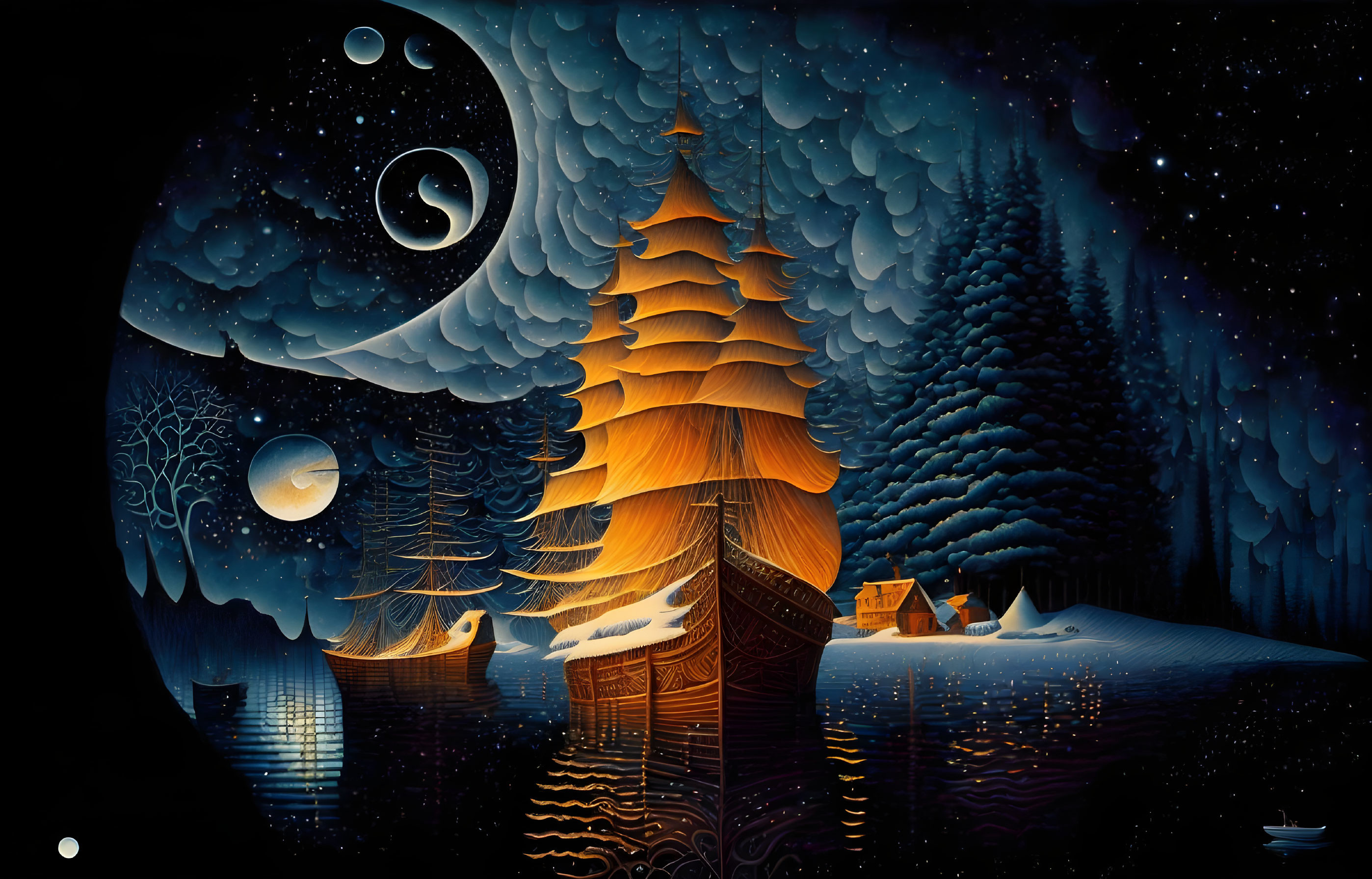 Golden tree, moons, stars & floating islands in whimsical nightscape