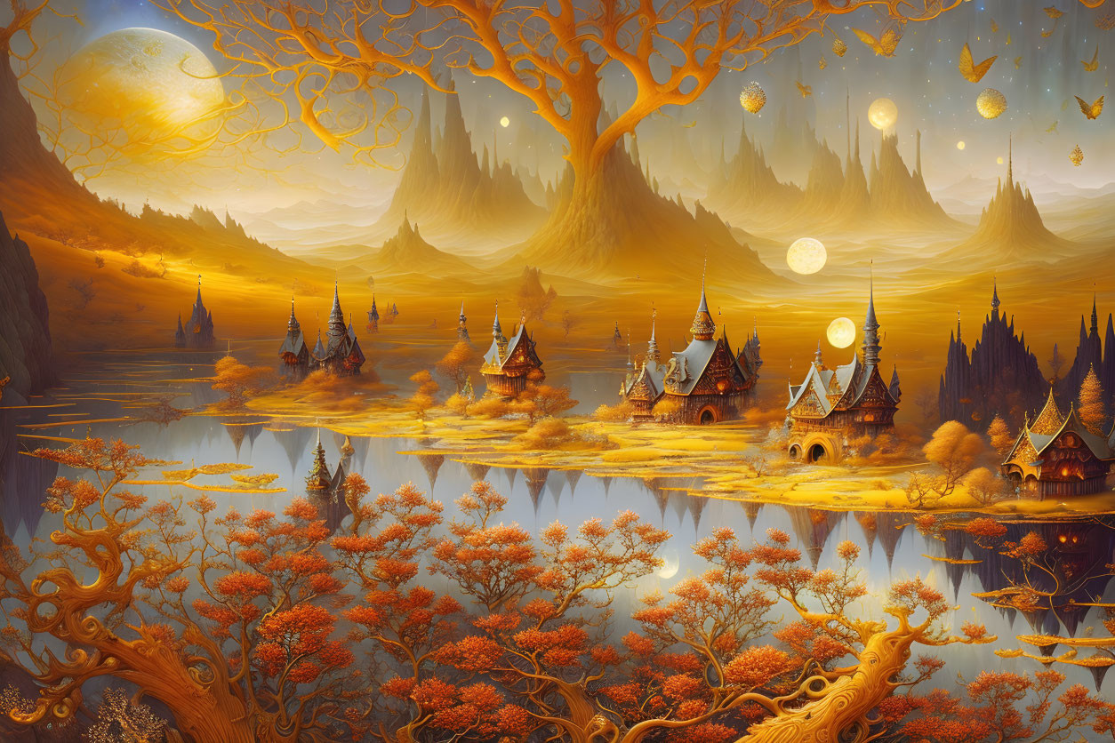 Fantastical landscape with golden tree, whimsical structures, reflective lake, and dual moons.