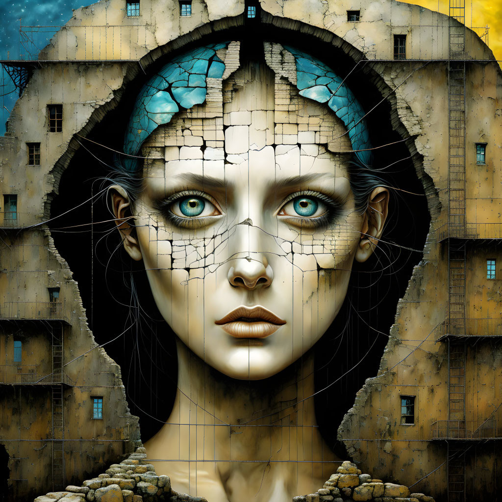 Surreal portrait of woman with cracked skin against dilapidated buildings