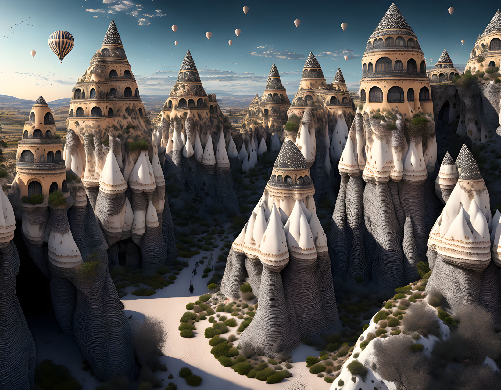 Panoramic view of Cappadocia's fairy chimneys and hot air balloon