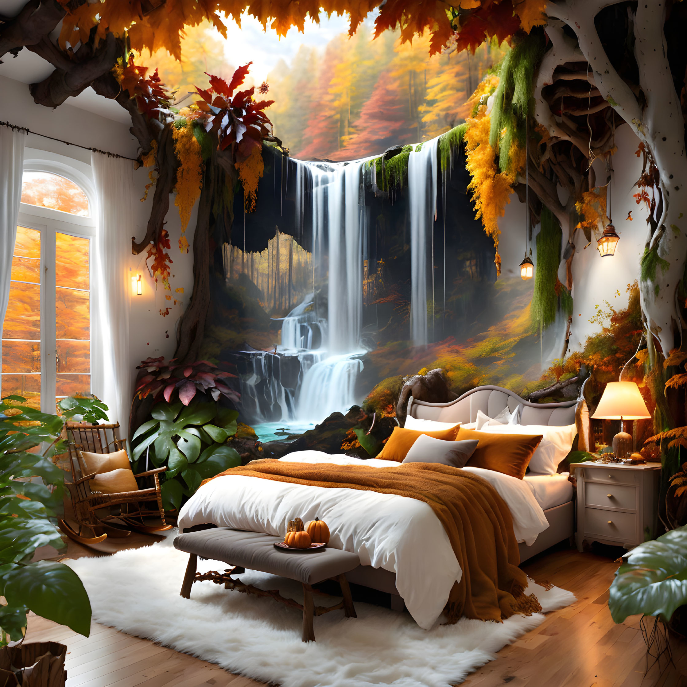 Autumn-themed bedroom with large window view of waterfall.