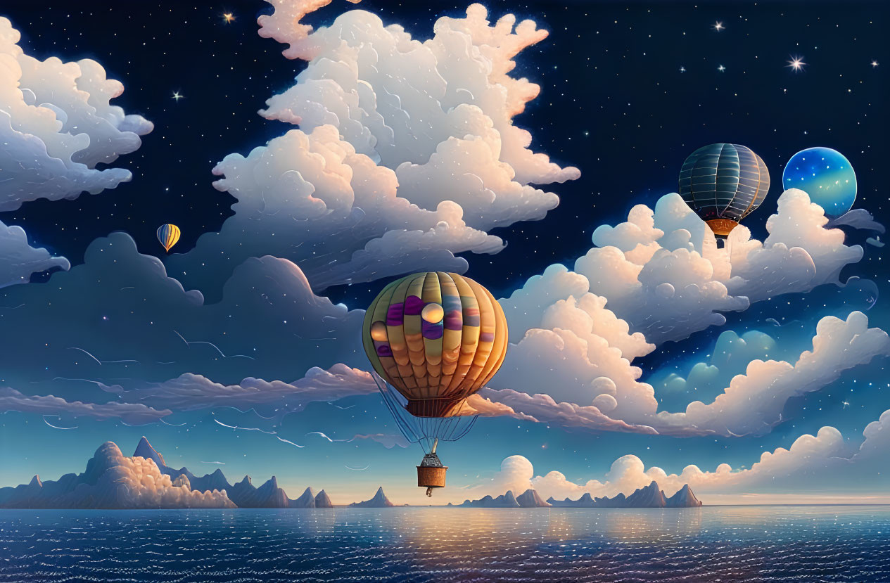 Colorful hot air balloons over serene sea at dusk