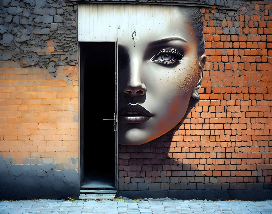 Realistic woman's face mural on building corner.