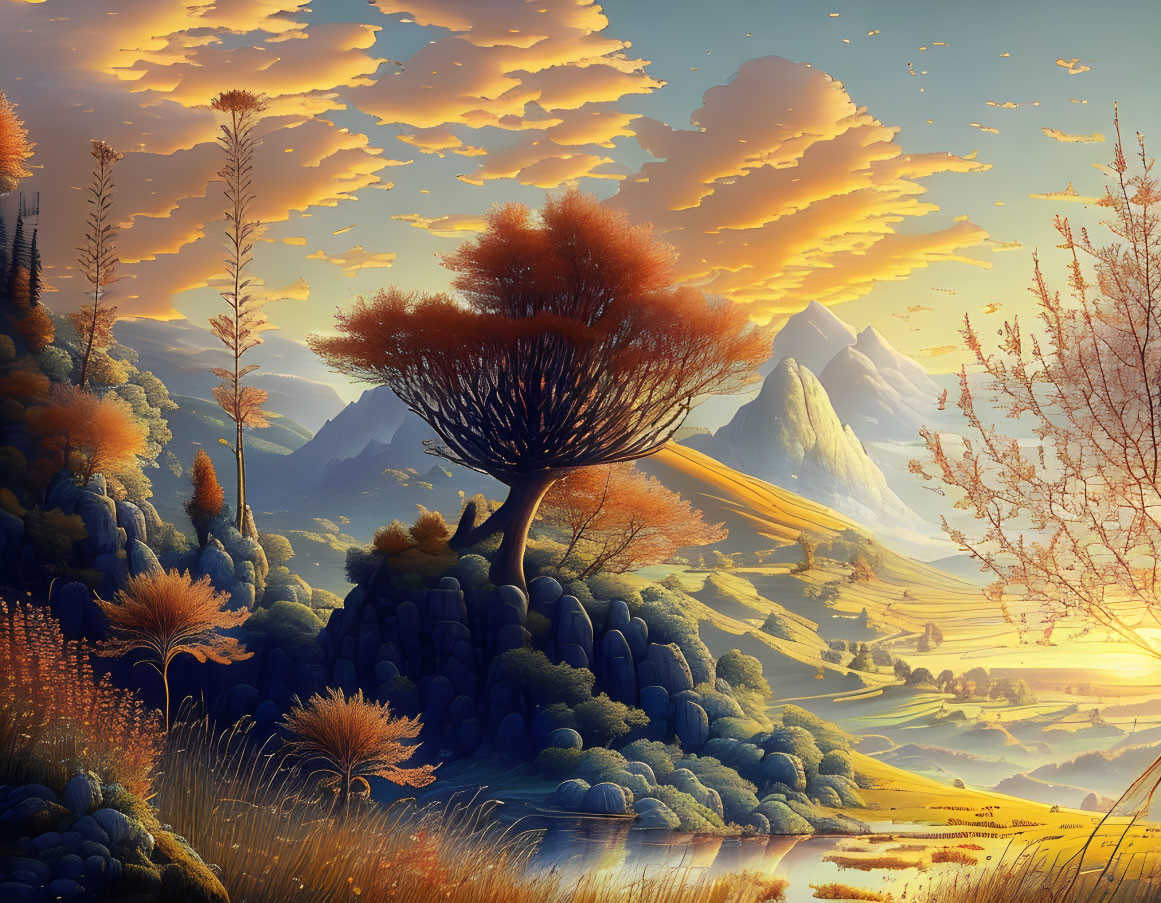 Vibrant fantasy landscape with majestic mountains and unique flora