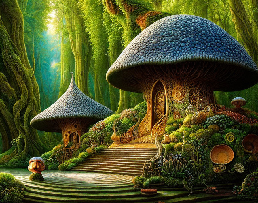 Detailed Mushroom Houses in Whimsical Forest Scene