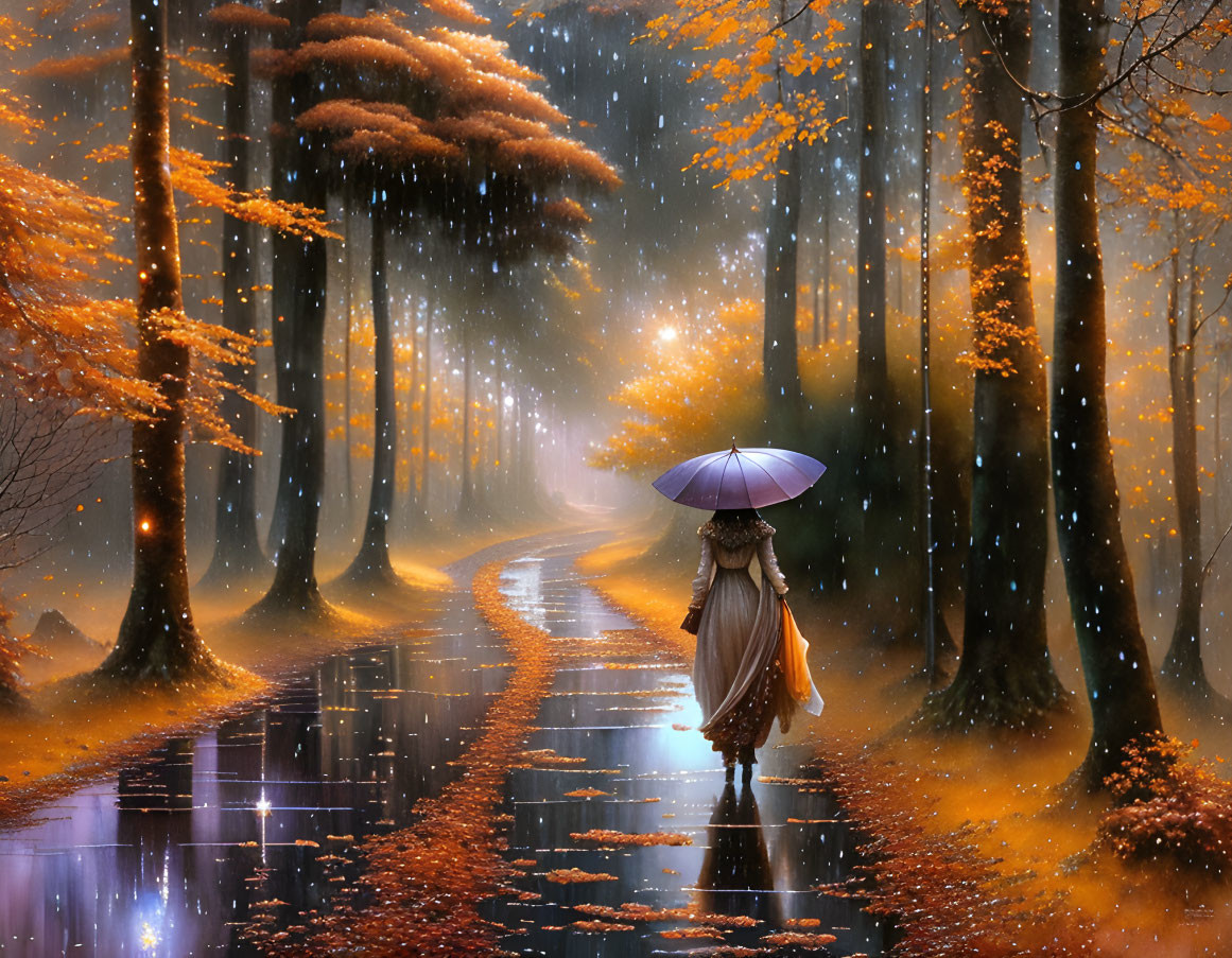 Person with blue umbrella walking in autumn forest rain