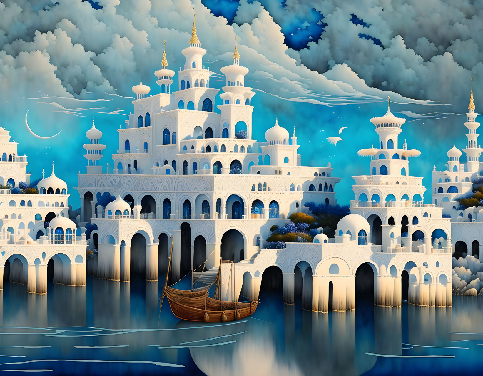 Fantasy scene: Ornate white palace by tranquil blue waters and boat under cloudy sky