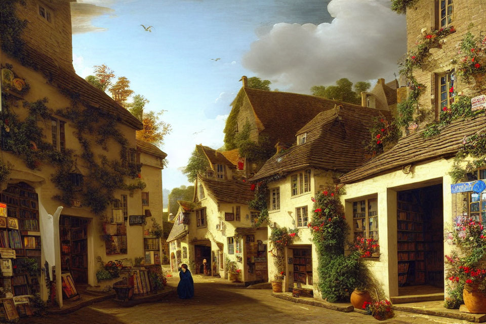 Historical village street with woman in period dress, bookstands, flowers, and clear sky