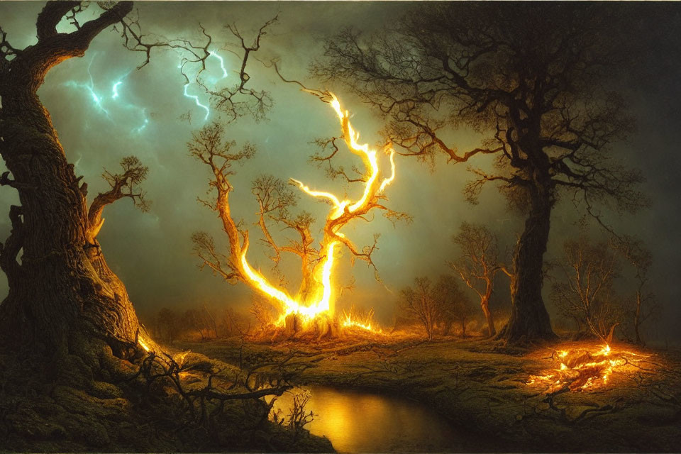 Mystical forest scene: Tree struck by lightning in stormy night.