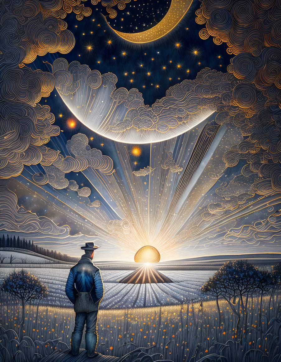 Person in hat gazes at radiant sunrise in stylized field