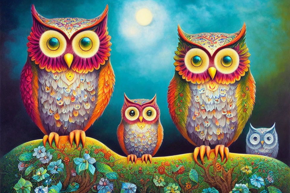 Vibrant Owl Painting on Branch Under Moonlit Sky