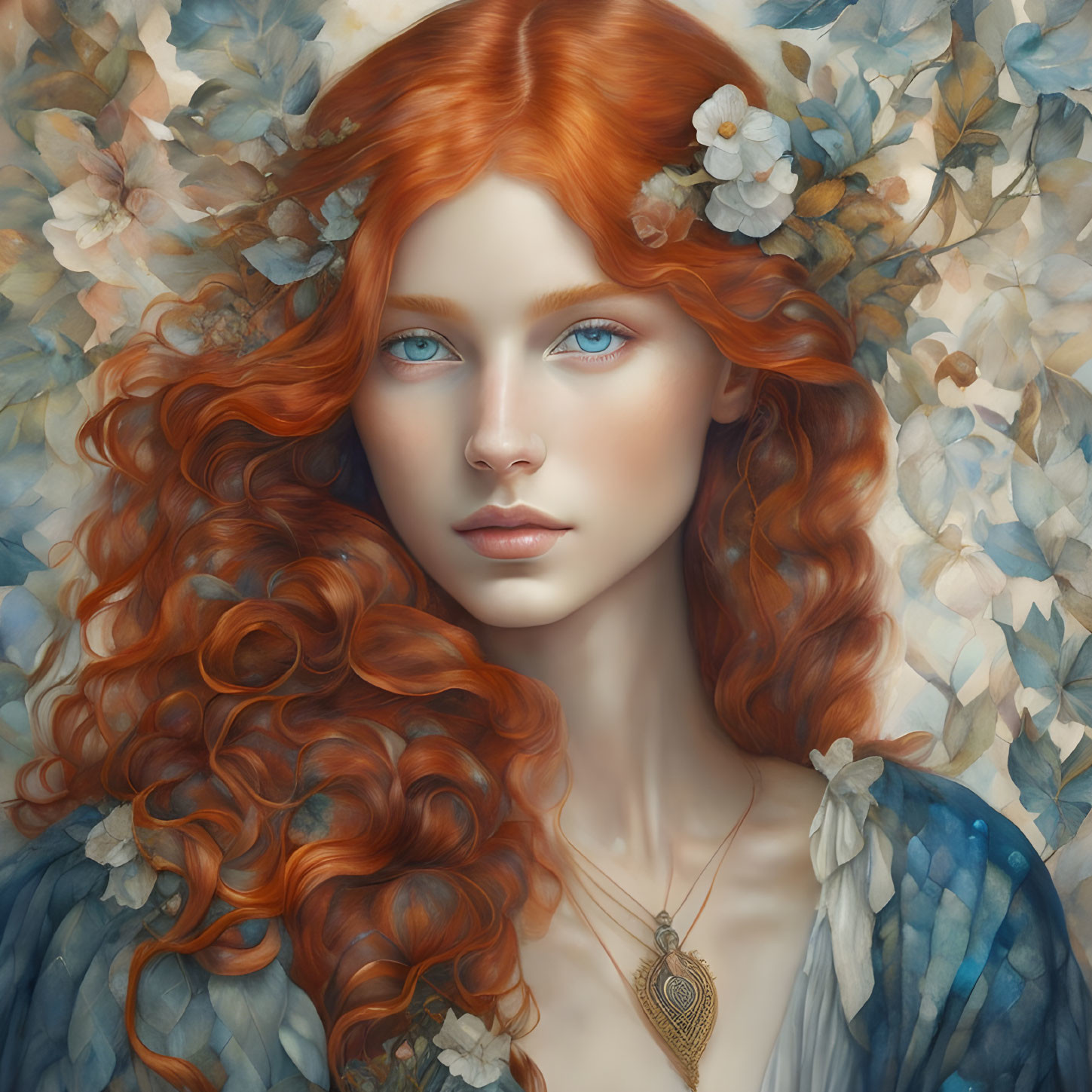 Fiery red-haired woman with blue eyes and white flowers against blue leaves