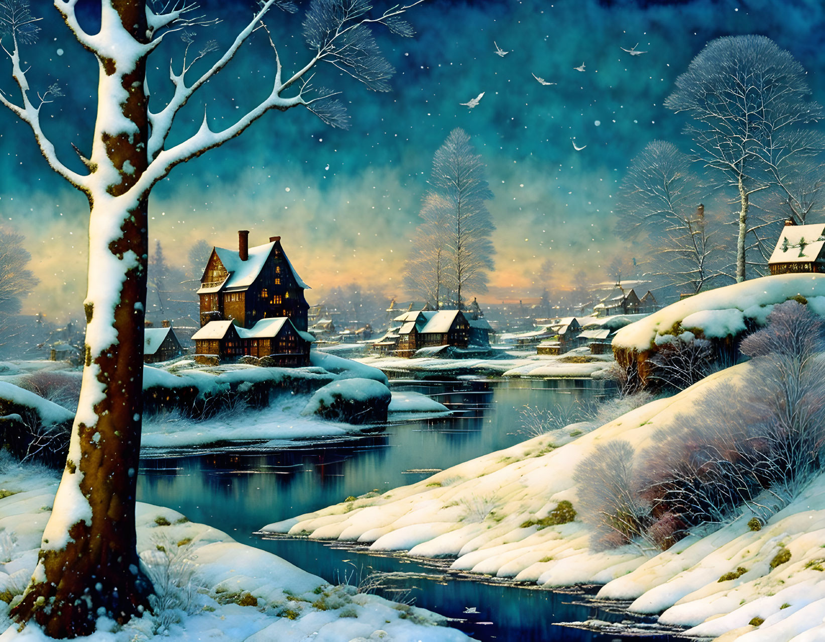 Snow-covered houses by a river in winter twilight.