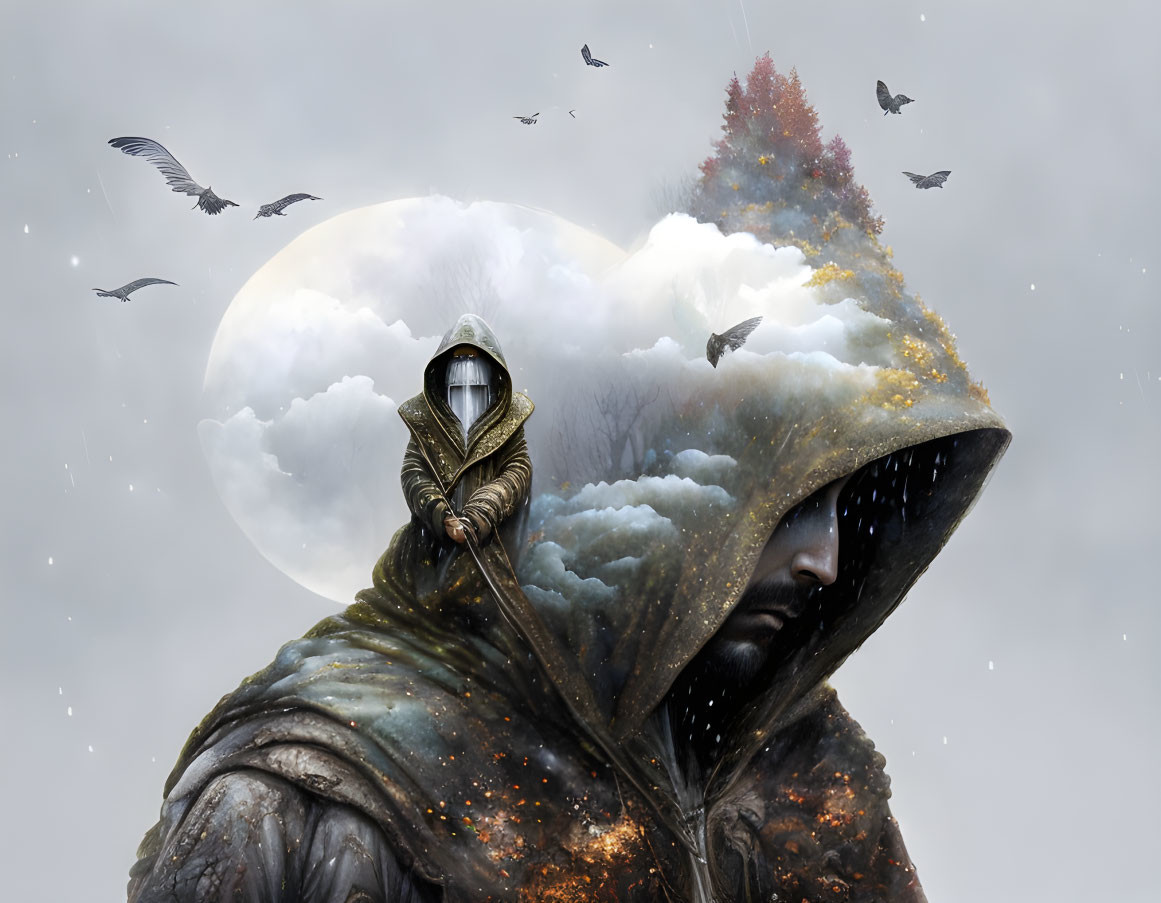 Surreal illustration of cloaked figure with reflective helmet, clouds, birds, stars, and moon