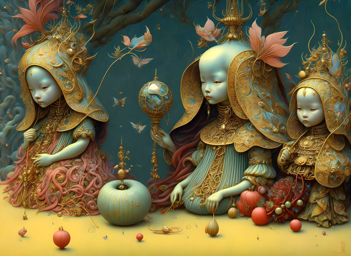 Ethereal figures with golden headdresses in surreal landscape